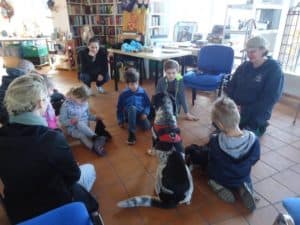 Im Tierheim Siegen sitzen Kinder und Erwachsene mit einem Hund in einem roten Geschirr im Kreis.