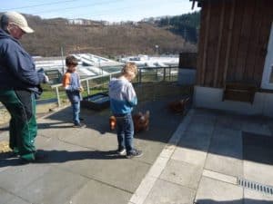 Kinder und ein Erwachsener beobachten Hühner, die an einem Holzgebäude picken.