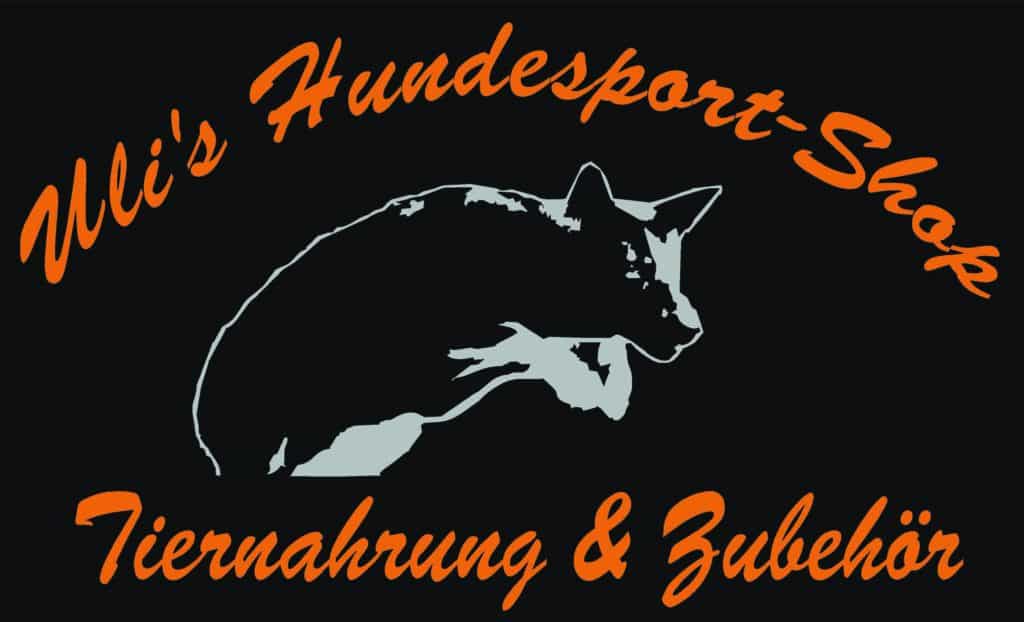 Hundesilhouette Logo, orange Schrift: Ulis Hundesport-Shop, Tiernahrung & Zubehör. Website: Tierheim Siegen.