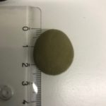 Olivgrüner runder Gegenstand, 2 cm breit, neben einem Lineal.