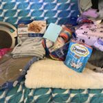 Verschiedenes Katzenspielzeug, Leckerlis und Zubehör auf einer blauen Decke.