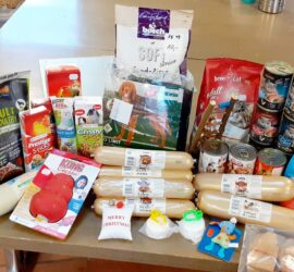 Tierfutter, Leckerlis und Spielzeug für Hunde und Katzen werden ausgestellt.