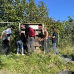 Fünf Personen bauen im Tierheim Siegen ein Insektenhotel im Freien.