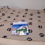 Beigefarbene Decke mit schwarzen Pfotenabdrücken, Tierbinden und Tierheim Siegen ID auf einem Bett.