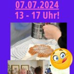 Tierheim Siegen Flugblatt: Offener Sonntag, 7.7.24, 13-17 Uhr; Waffelbacken und zwei lächelnde Frauen.