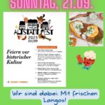 Plakat für das Altstadtfest 2025 am 21.09. mit Informationen zu Veranstaltungen und Speisen. Oben steht 'SONNTAG, 21.09.' und 'ALTSTADT FEST 2025'. Unten steht 'Wir sind dabei: Mit frischen Langos!'.