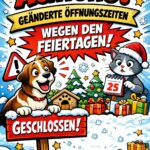 Cartoon-Hund und -Katze mit Geschenken, Schnee und "Geschlossen"-Schild in Deutsch für Tierheim Siegen Urlaub Hinweis.