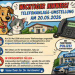 Cartoon-Hund und -Katze neben einem Telefon; Tierheim Siegen Telefon-Update 20. Mai 2026.