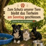 Hund, Katze und Kaninchen ruhen sich neben dem Wassernapf unter einem Baum aus; Schild: Sonntags geschlossen im Tierheim Siegen.
