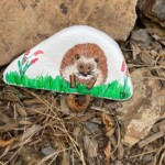 Gemalter Felsen eines Igels im Gras, im Freien im Tierheim Siegen.