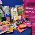 Leckereien, Spielzeug und Zubehör für Haustiere auf einem Stuhl neben einem rosa Banner.