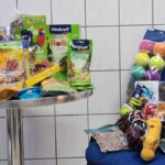 Leckerlis, Spielzeug und Futter für Haustiere auf einem Tisch im Tierheim Siegen.