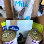 Box mit Katzenmilch, Leckerlis und zwei Kattovit-Dosen.