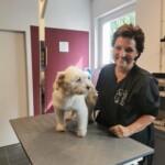 Friseurin mit kleinem Hund auf dem Frisiertisch im Tierheim Siegen.