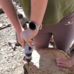 Person bohrt draußen in einen Baumstumpf, Holzspäne sichtbar.